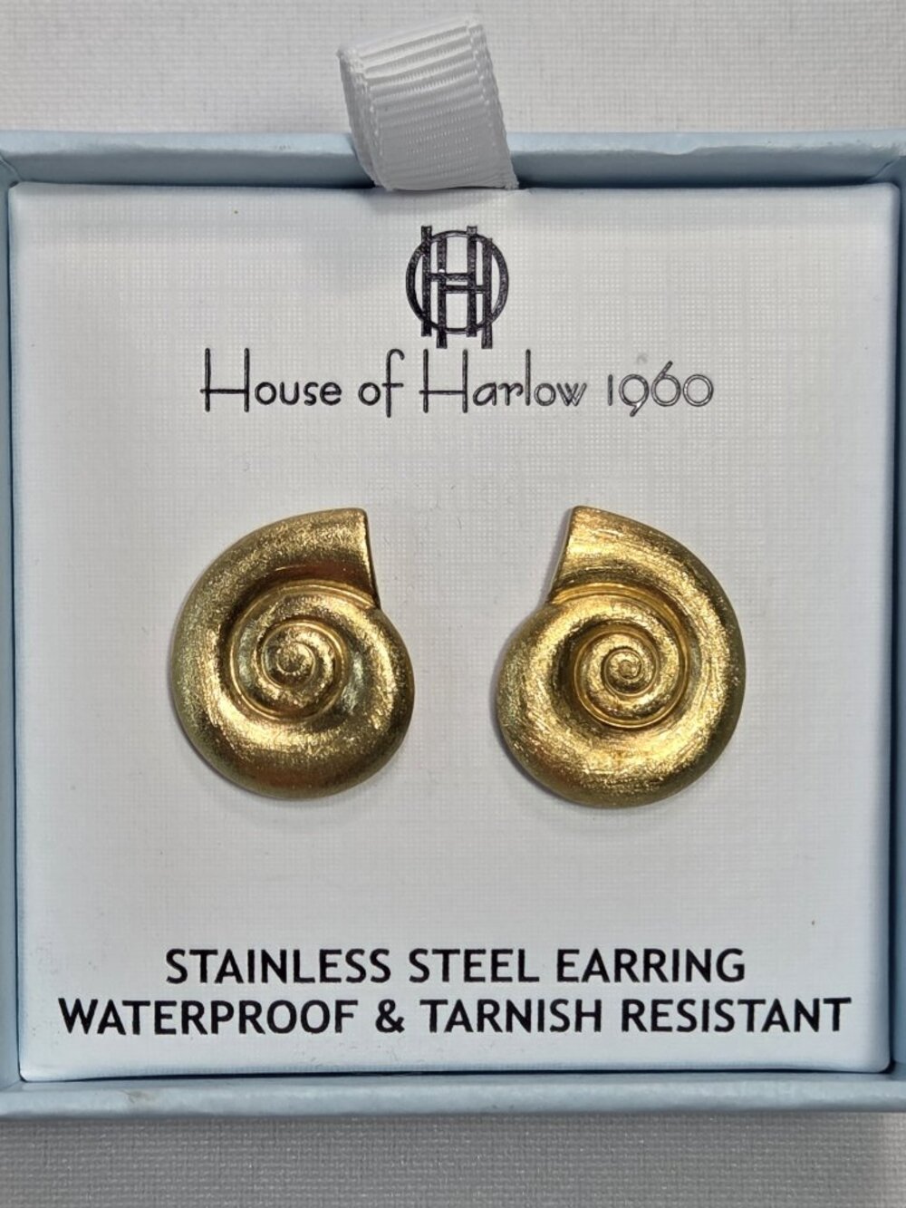 House of Harlow 1960 Gold Nautilus Shell Stud Earrings Stainless Steel NIB